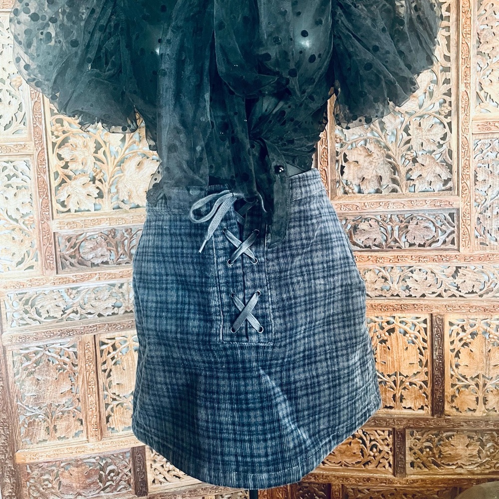 Blue black gray plaid skirt